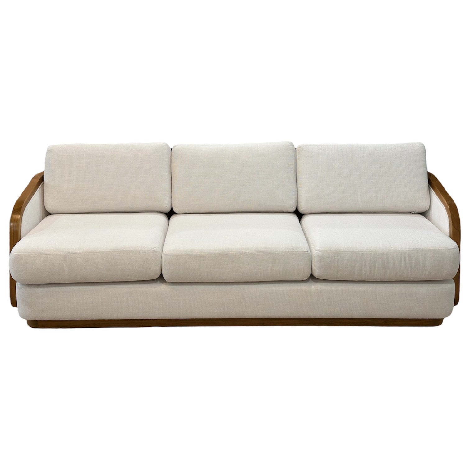 The McGuire Furniture Schooner Sofa in Outdoor Ivory Chenille features a light wooden frame and white cushions, viewed frontally against a plain background, capturing coastal elegance with its natural materials.