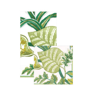 Featuring an illustration of overlapping green and yellow tropical leaves on white, the Caspari Florida Pierre Frey Ivory Collection is ideal for eco-friendly napkins or biodegradable décor.