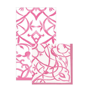 Two Caspari Algarve Fuchsia Paper Linen Collection napkins, featuring white triple-ply material with intricate pink geometric and floral patterns—one large and one small—are shown overlapping.