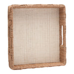 The Heather Natural Rope and Raffia Tray Collection by Made Goods features square trays with rope-wrapped edges, a beige fabric bottom, and a handle slot—ideal for adding lakeside cottage charm to your decor.