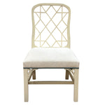 The Linwood Side Chair by Hickory Chair features a cream-colored wooden frame, a geometric lattice Chippendale-style backrest, and a light upholstered cushioned seat, shown from the front.
