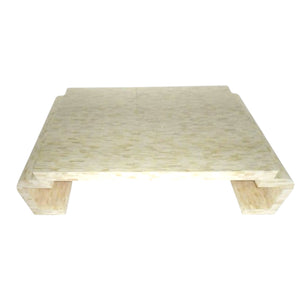 The Bojay Deco Style Cattle Bone Inlay Coffee Table features a rectangular beige design with blocky geometric lines, two open rectangular legs per side, and elegant bone inlay details, shown against a white background.