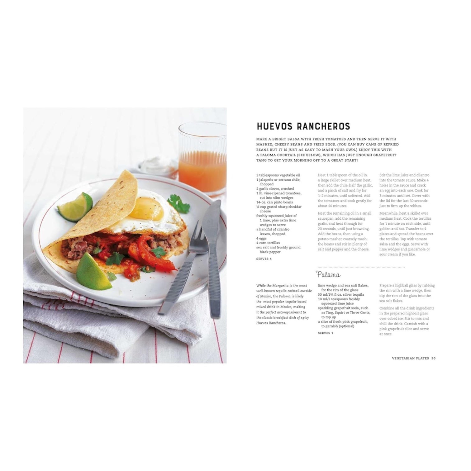 An open copy of Common Ground's "Bottomless Brunch" cookbook features a huevos rancheros recipe with a photo showing tortillas, beans, salsa, avocado slices, and juice on a white tablecloth.