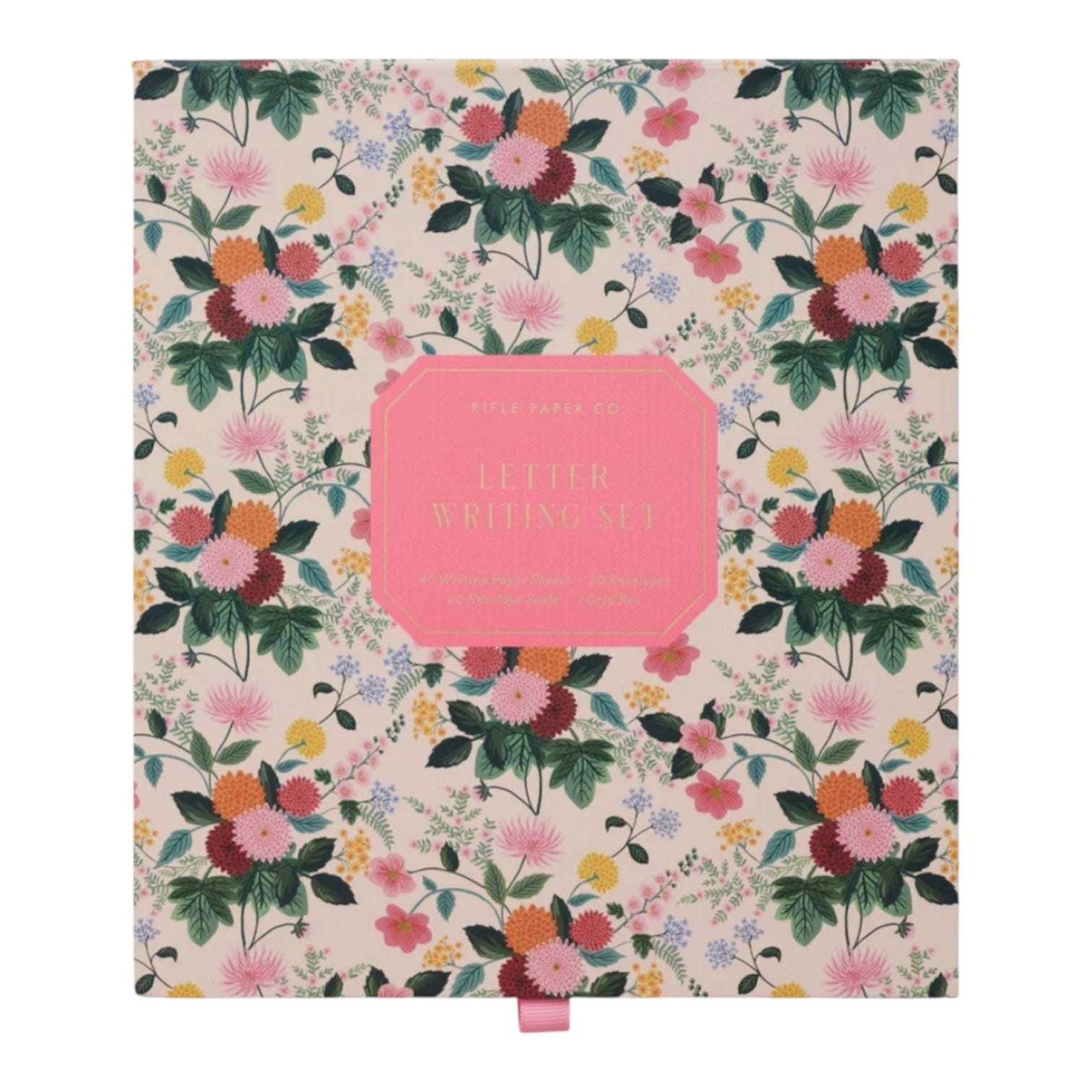 The Riffle Paper Co. Dahlia Collection stationery set features pink, green, and yellow floral designs with a central pink label accented by gold text.