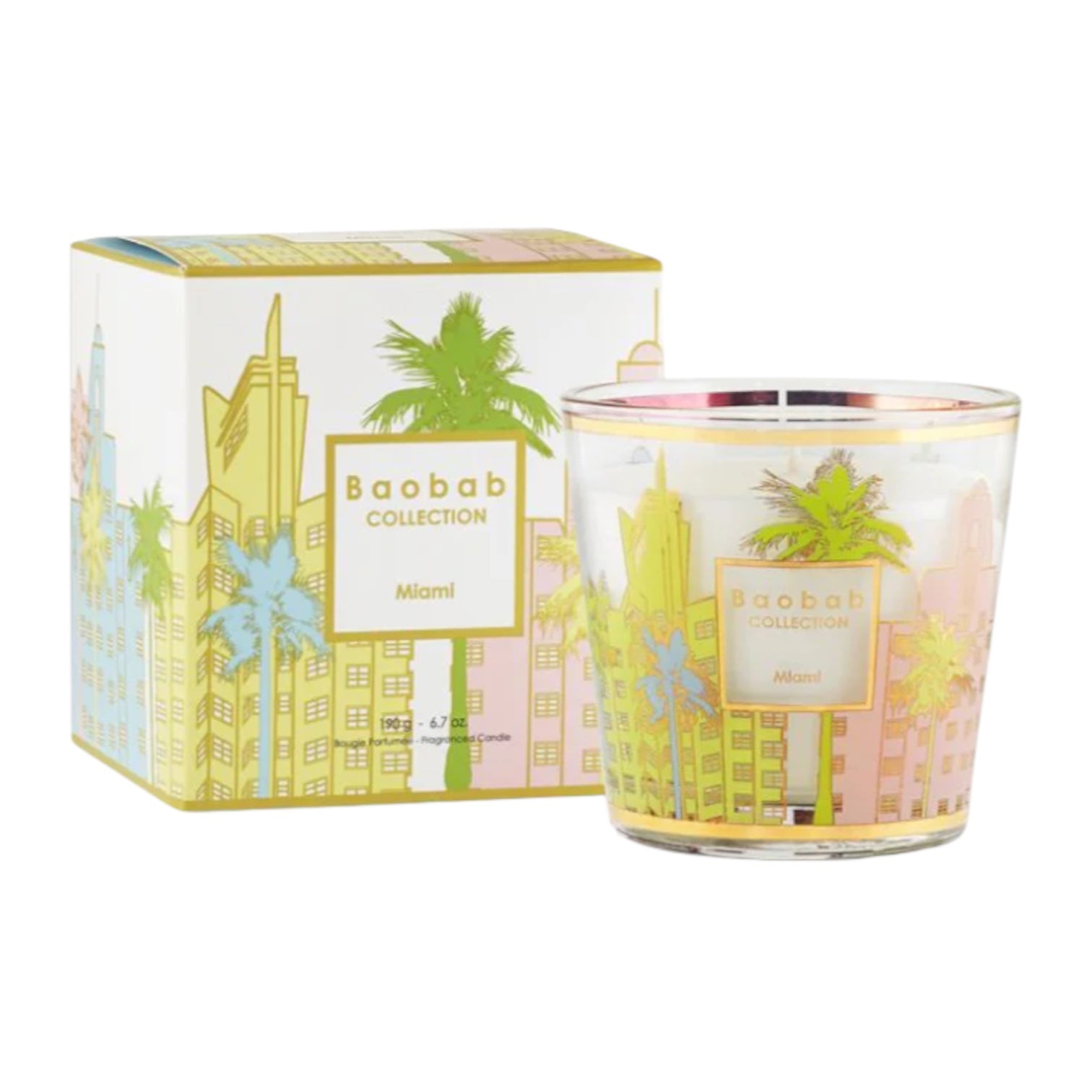 The Baobab Miami Body Wellness Collection scented candle by Baobab comes in a glass holder with a pastel cityscape and palm tree design, offers a fresh summer-inspired Miami scent, and is displayed beside its matching decorative box.