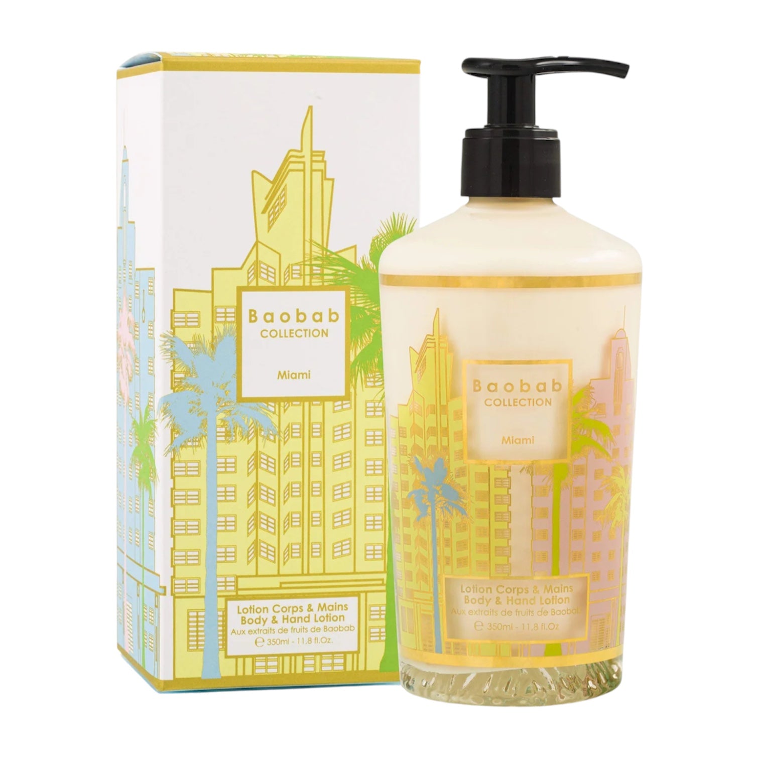 A bottle of Baobab Collection Miami Body Wellness Collection lotion by Baobab with a pump is placed beside its pastel cityscape box, evoking a fresh Miami atmosphere with notes of sea salt fragrance.