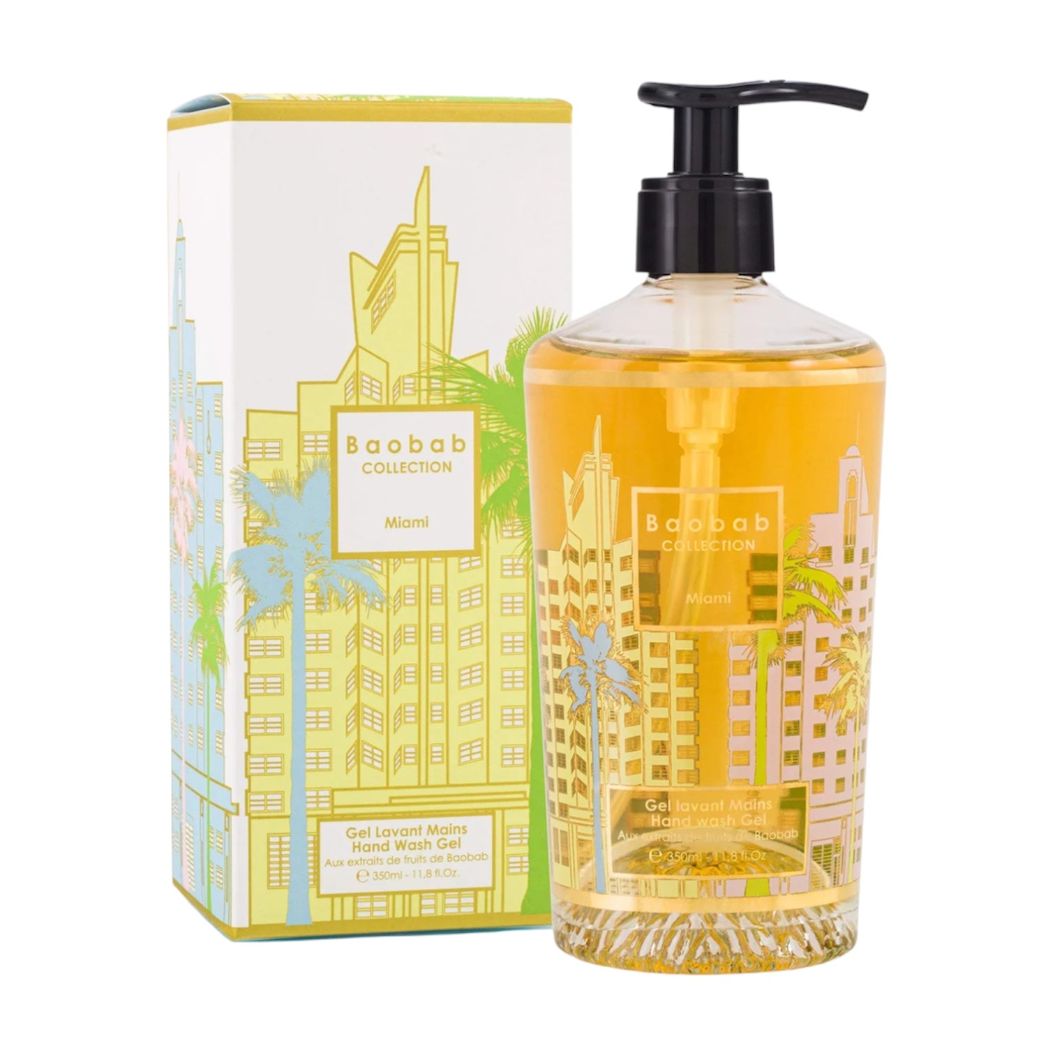 A Baobab Collection Miami Body Wellness hand wash gel with a pump dispenser is displayed beside its decorative box adorned with colorful building designs, capturing the vibrant Miami scent in a fresh sea salt fragrance.