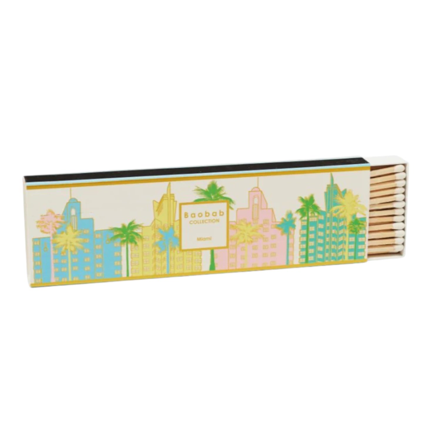 A rectangular Baobab Collection Miami Body Wellness Collection matchbox features a cityscape and palm tree design. The open box reveals matches inside—an ideal companion for your favorite sea salt scent.