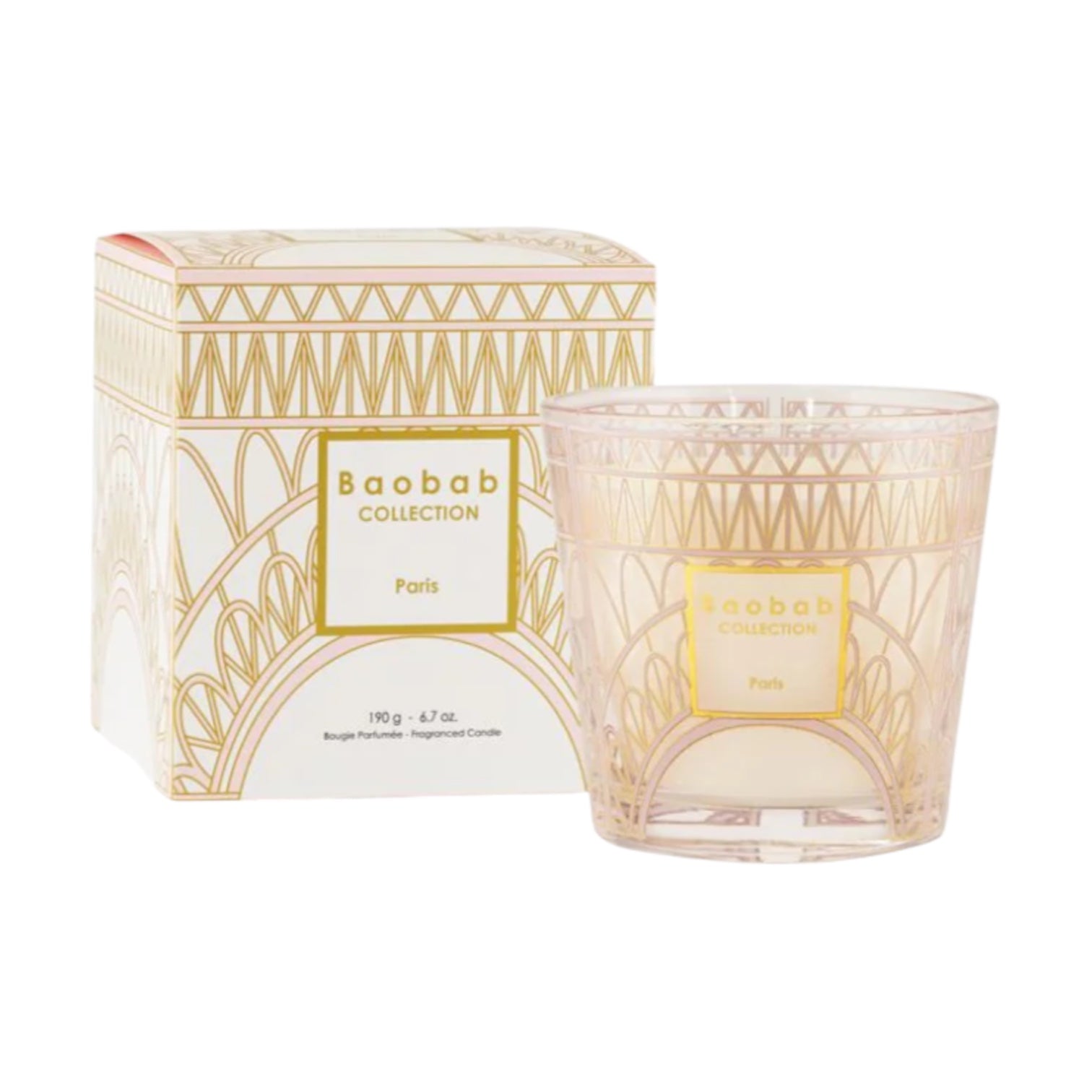 The Baobab Paris Body Wellness Collection candle by Baobab features a Paris-inspired chestnut bloom scent in a glass holder with gold geometric patterns, shown beside its matching decorative box.