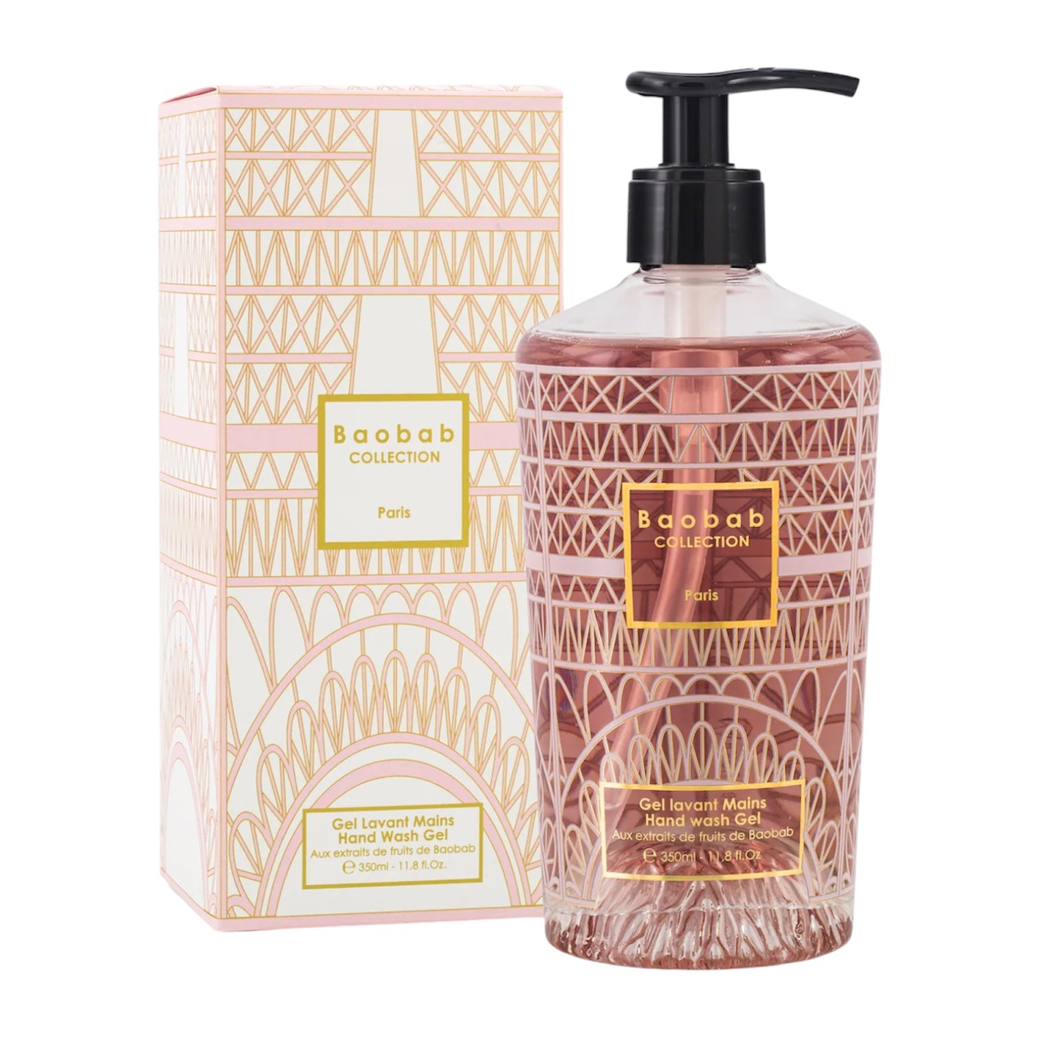 The Baobab Collection Paris Body Wellness Collection by Baobab features hand wash in a gold and pink geometric bottle with a matching decorative box, both infused with the delicate Paris fragrance.