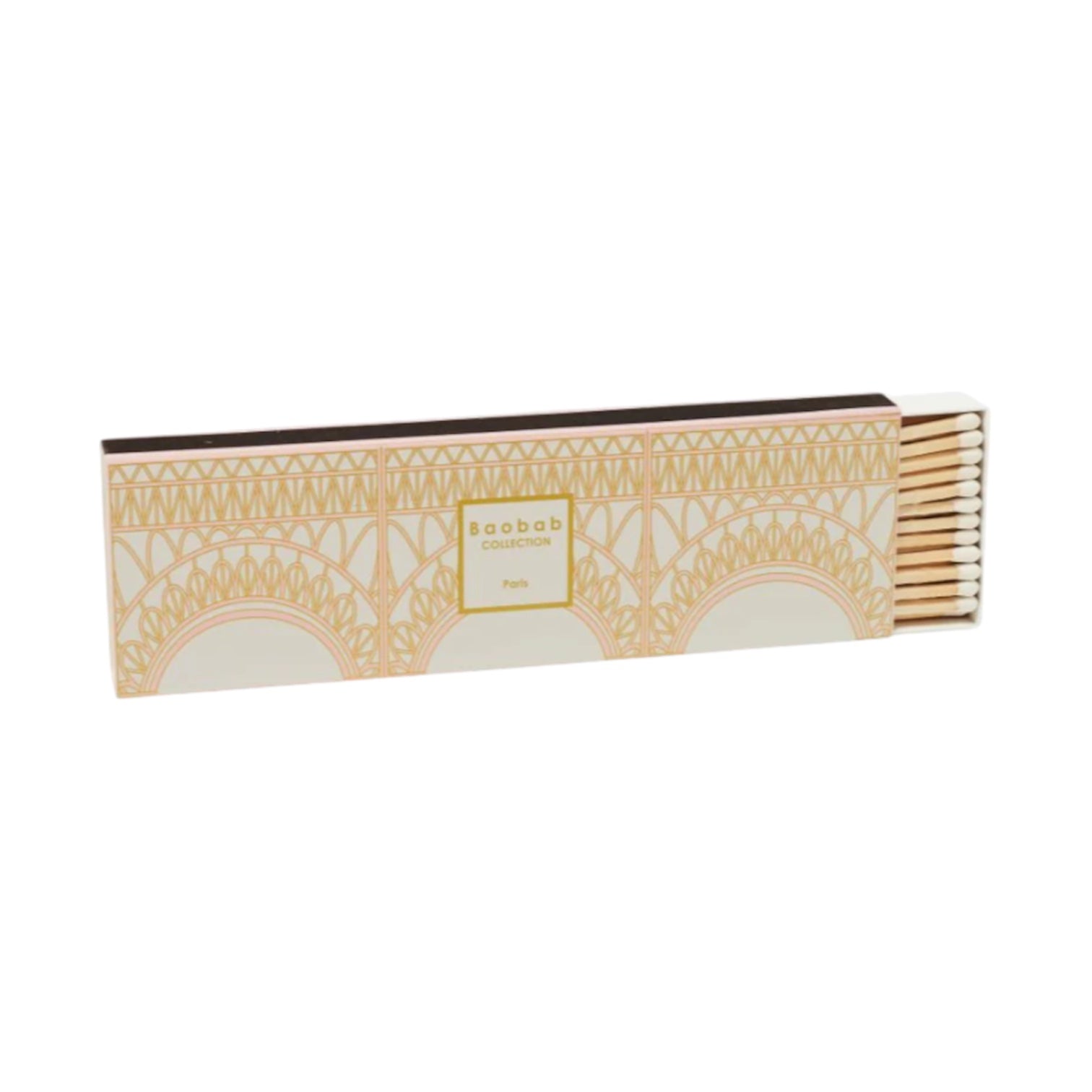 A rectangular box of matches from Baobab features a gold geometric design and "Baobab Collection Paris Body Wellness Collection" on the front, reflecting the brand’s signature Parisian elegance.