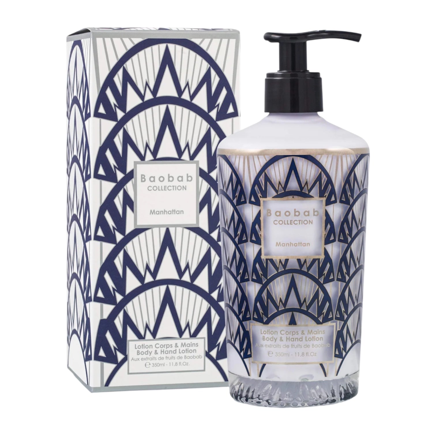 Baobab Collection Manhattan Body Wellness Collection lotion bottle with pump, featuring a fresh scent inspired by Central Park, displayed beside its matching patterned box. Brand: Baobab.