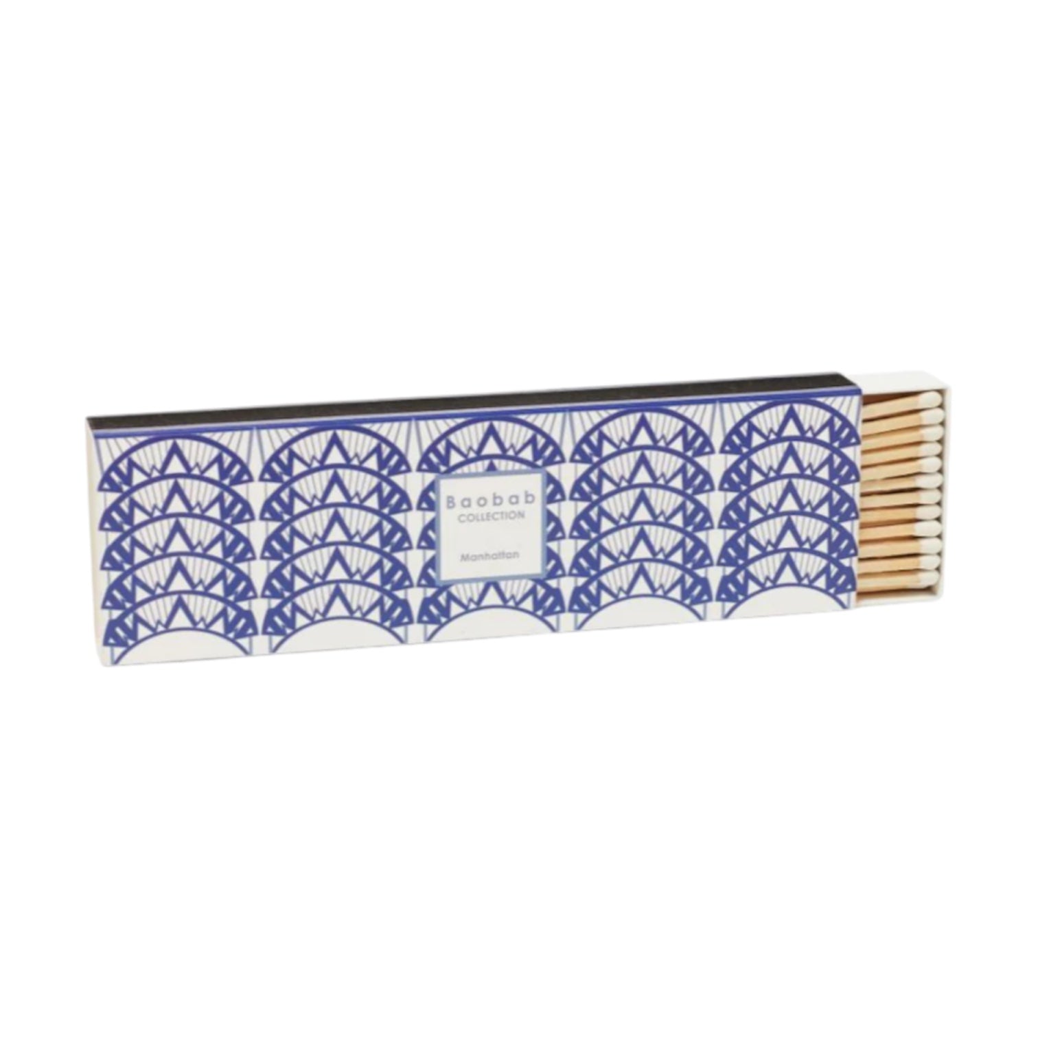 The Baobab Collection Manhattan Body Wellness Collection by Baobab features a rectangular box with a blue geometric pattern, partially open to reveal wooden matches with white tips and evoking the scent of Manhattan.