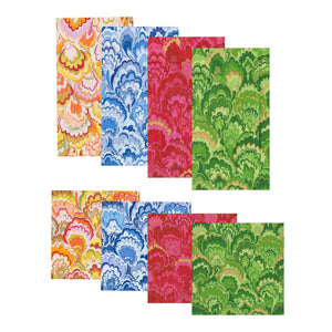 Four pairs of rectangular Caspari patterned papers in yellow, blue, red, and green, each with marbled waves and scalloped, leaf-like designs on white—ideal for accenting the Marbled Ceramica Collection or elegant tableware.