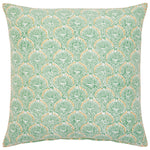 The Divit Sage Pillow by John Robshaw is a square linen-cotton pillow with a green and white leafy geometric pattern and yellow accents, inspired by hand block-printed lotus designs.