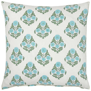 The Naira Sage Decorative Pillow by John Robshaw is a square white pillow adorned with large blue and green florals, arranged in neat rows that evoke a hand block print style.
