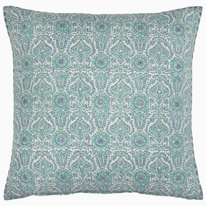 The John Robshaw Razia Mist Decorative Pillow features an intricate blue and green floral pattern on a white background, inspired by evening blooms and hints of sage.