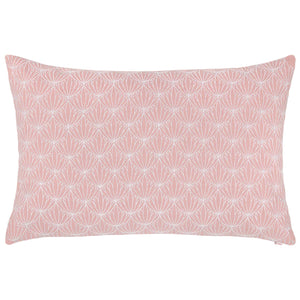 The Rohan Lotus Kidney Pillow by John Robshaw features a coral pink rectangular design with a white, repeating lotus-inspired geometric pattern.