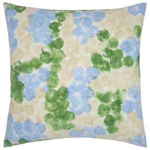 The Varun Euro Decorative Pillow by John Robshaw features abstract blue and green splotches on beige, evoking a spray-painted floral look.