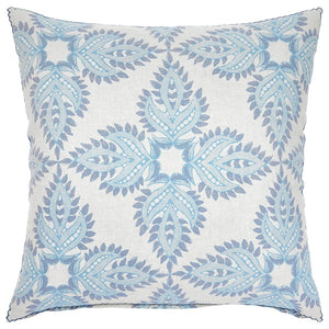The Verdin Lapis Euro Pillow by John Robshaw is a square decorative pillow in linen cotton, featuring a light background with a symmetrical blue and gray leaf pattern inspired by traditional block prints.
