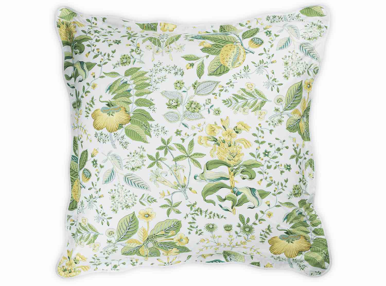 The Matouk Pomegranate Bedding Collection, Citrus features a square pillow made from OEKO-TEX® Standard 100 certified Egyptian cotton percale, in white with a green and yellow botanical and pomegranate print.