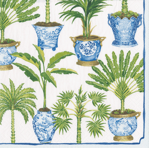 Caspari’s Potted Palms White Collection features blue and white porcelain pots with lush green palms, ideal for pairing with triple-ply napkins or biodegradable décor to create an elegant, eco-friendly setting.
