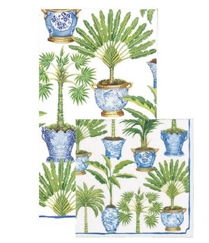Caspari’s Potted Palms White Collection features green palm illustrations in blue and white vases on two overlapping panels. Eco-friendly with FSC-certified, biodegradable designs—ideal for sustainable spaces.