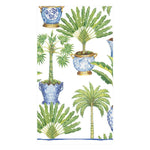 The Caspari Potted Palms White Collection features illustrations of tropical plants in ornate blue and white vases, ideal for eco-friendly triple-ply napkins.
