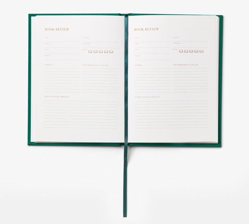 The PrintWorks Book Club Reading Journal offers two blank pages with sections for title, author, rating, summary, favorite passages, and notes—ideal for tracking book reviews and reading progress.