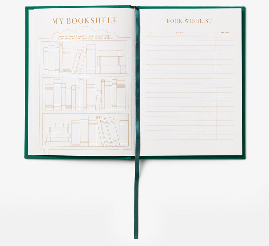 The PrintWorks Book Club Reading Journal displays “My Bookshelf” with book illustrations and a “Book Wishlist,” ideal for tracking your reading progress, listing wish-list titles, authors, purchase dates, and adding brief book reviews.