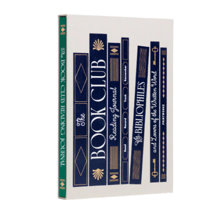 The PrintWorks Book Club Reading Journal features elegant blue and gold spine designs, perfect for book lovers to track their reading and write insightful reviews.