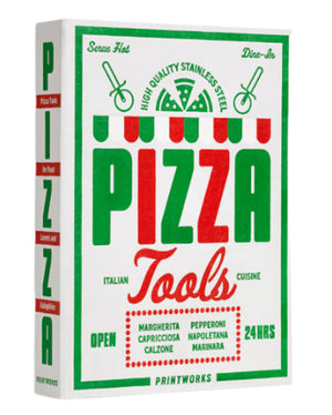 A rectangular box with a retro design labeled "The Essentials Pizza Tools" by PrintWorks, featuring green and red text, pizza graphics, a list of pizza types, and highlighting its high quality stainless steel Pizza Kit.