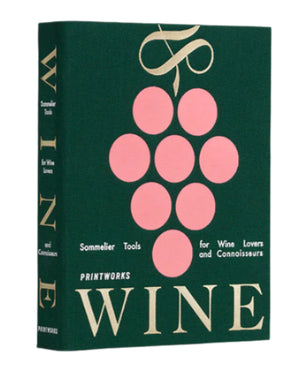 PrintWorks’ hardcover book, "The Essentials Wine Tools," showcases a stylized grape cluster on its green cover and includes a wine kit with essential tools for sommeliers and wine enthusiasts.