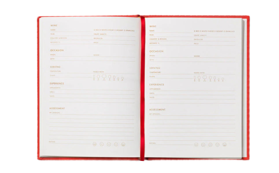 The PrintWorks Wine Tasting Journal is open to two blank pages, each designed for tasting notes with sections for wine details, occasions, serving, experience, assessment, rating, and a convenient sweetness chart.