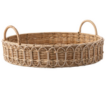 The Juliska Provence Rattan Circle Tray is a round, handwoven wicker tray with two side handles and decorative looped details—perfect as a stylish serving piece.