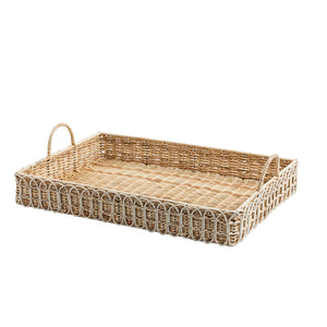 Serve up style with Juliska's Provence Whitewash Rattan Rectangular Tray, handwoven with raised edges and side handles for easy carrying. Shown on a plain white background.