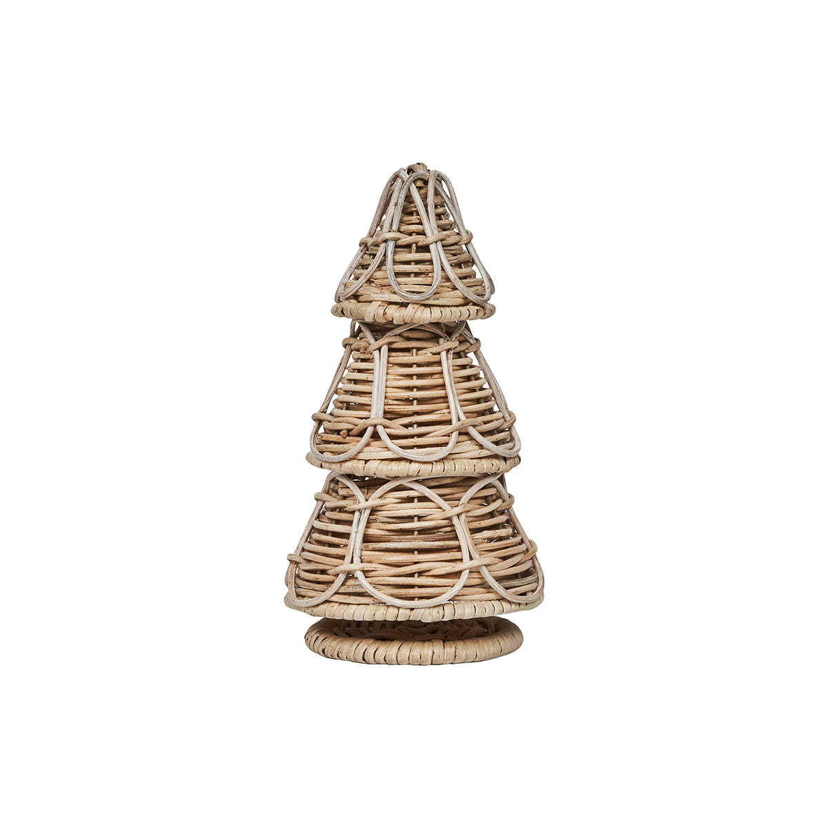 The Provence Holiday Rattan Tree Collection by Juliska showcases a stylized rattan Christmas tree with layered sections and a round base—an artisan-crafted piece ideal for rustic holiday décor, displayed on a plain white background.