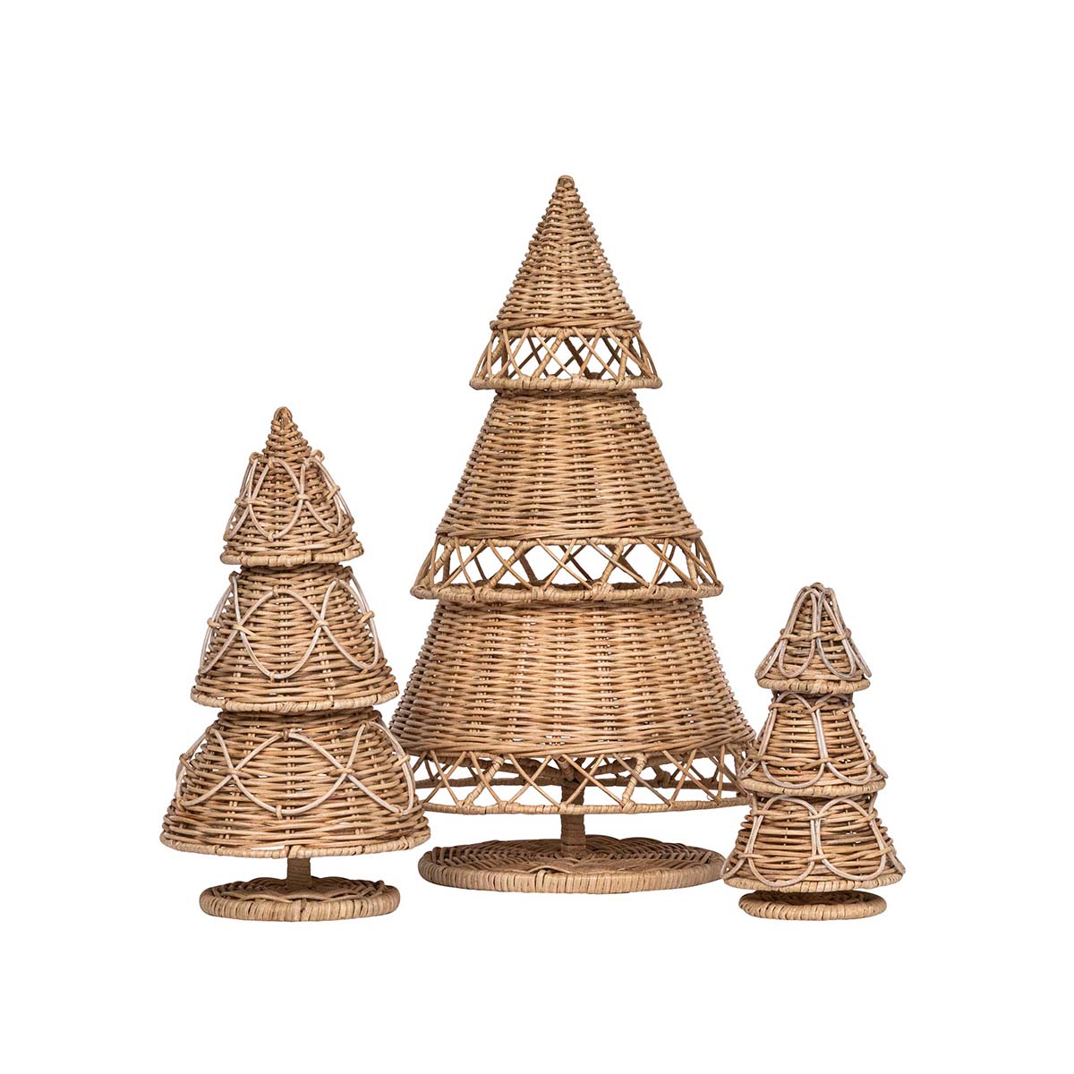 The Juliska Provence Holiday Rattan Tree Collection features three artisan-crafted rattan trees of different sizes, each with a circular base and conical shape—perfect rustic holiday décor for any setting.