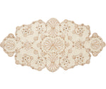 The Beachcomber Table Runner by Kim Seybert is an oval beige lace piece featuring an intricate floral and scalloped shell design, evoking coastal elegance and the charm of ocean treasures.