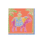 The Caspari Royal Elephant Orange Collection features a vibrant pink elephant with decorative patterns between palm trees on an orange background—perfect for eco-friendly, biodegradable, and compostable napkins.