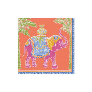 The Caspari Royal Elephant Orange Collection features a vibrant pink elephant with decorative patterns between palm trees on an orange background—perfect for eco-friendly, biodegradable, and compostable napkins.