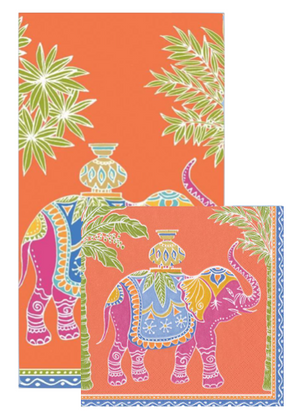 From Caspari’s Royal Elephant Orange Collection, these eco-friendly napkins feature a pink decorative elephant with colorful patterns, green leafy branches, and blue and yellow accents.