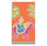 The Royal Elephant Orange Collection by Caspari features a decorated pink elephant with a blue and yellow saddle beneath green branches on an orange background—perfect for eco-friendly, biodegradable napkins.