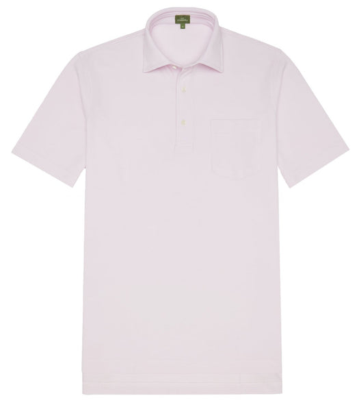 Sid Mashburn short-sleeved light pink Peruvian pima pique polo shirt with a collar, buttons at the neck, and a chest pocket on a white background.