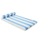 The Sunnylife Luxe Lilo Blue Stripe is a blue and white striped inflatable pool lounger with a built-in pillow, ideal for Australia summer style, shown on a white background.
