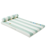 The Luxe Lilo Green Stripe by Sunnylife is a striped inflatable pool lounger with a built-in pillow, featuring white and light green stripes and the "SUNNYLiFE" logo, inspired by Australian summer style for perfect lounging.