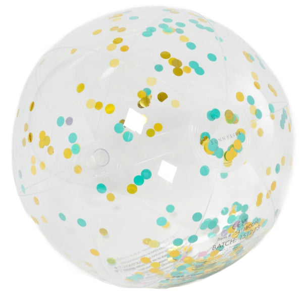 Inflatable Sunnylife Beach Ball with yellow and blue confetti inside, isolated on a white background.