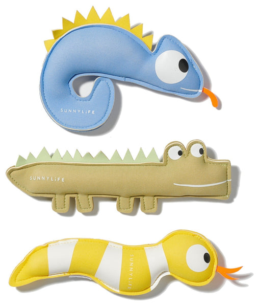 Three Sunnylife Dive Buddies, Into the Wild inflatable pool toys designed for waterplay, shaped like a blue stingray, green crocodile, and yellow snake, displayed on a white background.