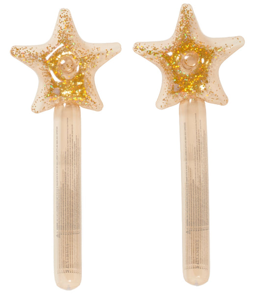 Two Sunnylife Inflatable Star Wands with glitter-filled silicone bulbs and transparent handles, featuring Princess Swan Gold designs and measurement markings.