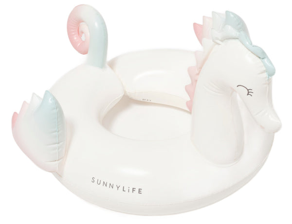 Inflatable Sunnylife Kids Tube Pool Ring in Melody the Mermaid design with pastel accents and closed eye design, made from non-toxic Phthalate-free PVC, isolated on a white background.